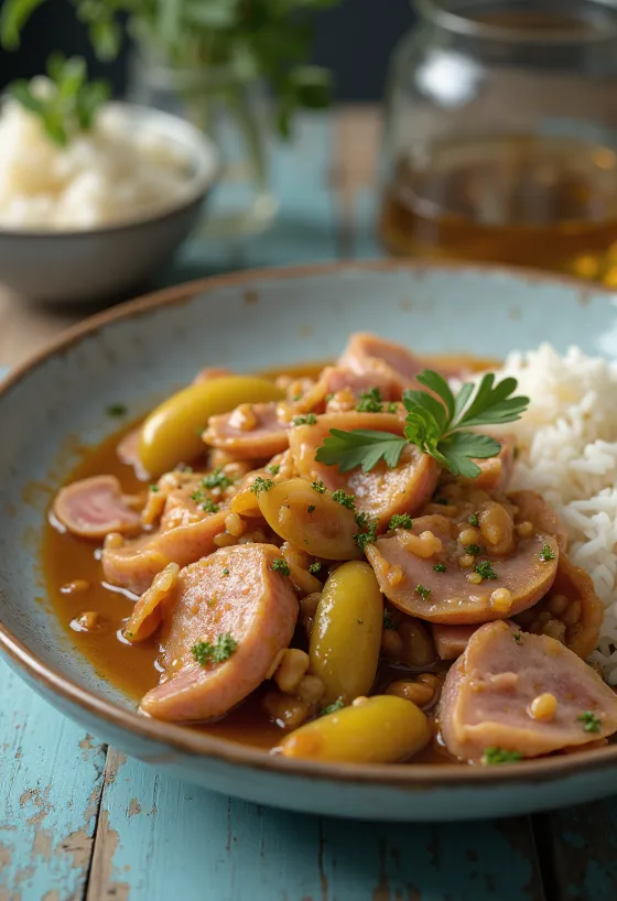 Hentes Tokány mit saftigem Schweinefleisch, geräucherter Wurst und sauren Gurken zubereitet.
