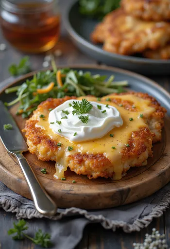 Knusprig paniertes Schnitzel 'Mátra Art', serviert mit geriebenem Käse und Schmand.