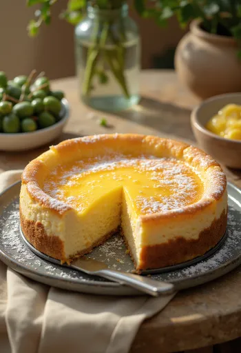 Deutscher Käsekuchen mit weicher Füllung und Puderzucker bestreut