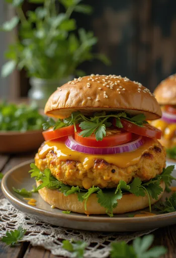 Servierter pikanter Curry-Chicken-Burger