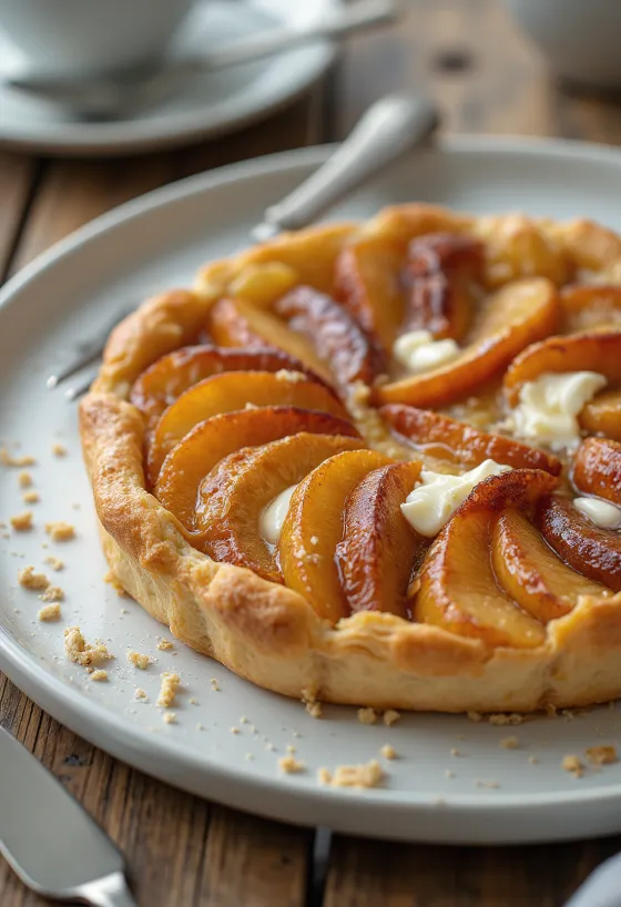 Tarte Tatin mit Quark, karamellisierter Apfelkuchen mit Blätterteig serviert