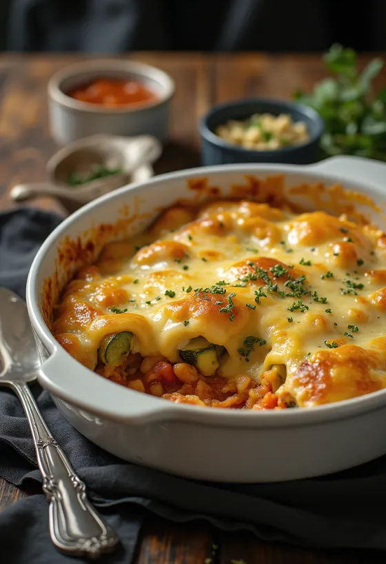 Veganer Zucchini-Auflauf mit Tomatensauce