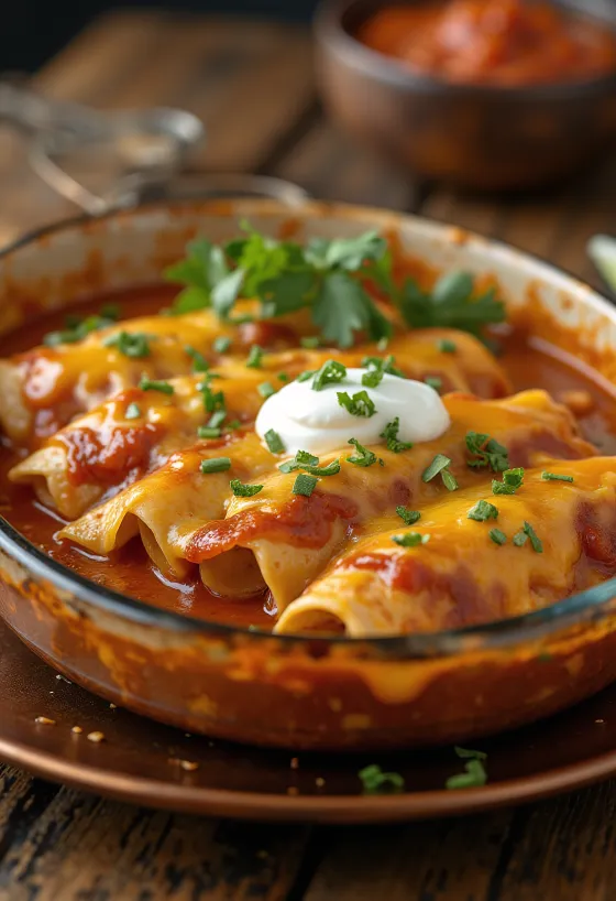 Chicken Enchiladas mit geschmolzenem Käse und Koriander