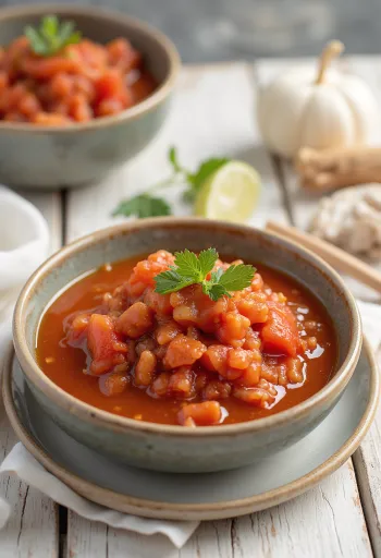 Süß-saure Tomaten-Ingwer-Sauce in einer Schale, serviert mit frischem Ingwer und geröstetem Gemüse.