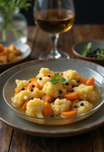 Blumenkohl-Escabeche, würziger Essig-Gemüsesalat serviert