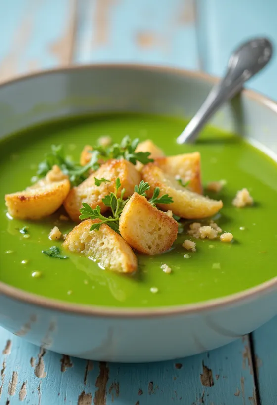 Knoblauch-Erbsencremesuppe serviert