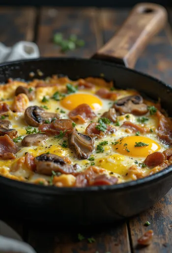 Frittata mit Speck und Pilzen, garniert mit frischer Petersilie