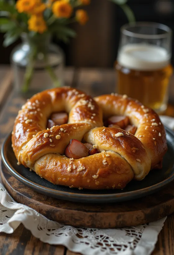 Brezel mit Entenbrust serviert