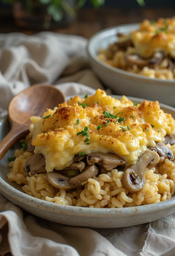 Servierter veganer Pilz-Reis-Auflauf