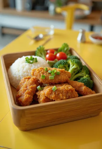 Karaage in Bento-Box mit knusprigem Hähnchen, Reis und frischem Gemüse