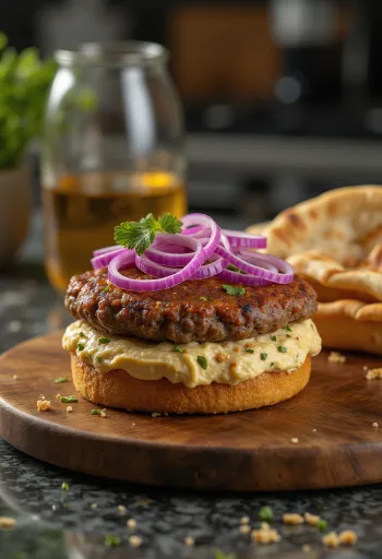 Frisch zubereiteter Nahost-Burger mit Hummus und Tahini