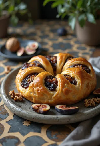 Kringle mit Feigenfüllung, goldbraun gebacken, als geflochtener Kranz serviert