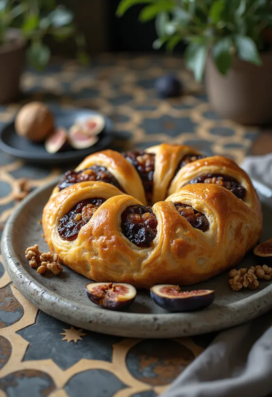 Kringle mit Feigenfüllung, goldbraun gebacken, als geflochtener Kranz serviert