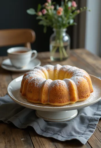 Marzipan-Gugelhupf mit Puderzucker bestreut, in Scheiben geschnitten