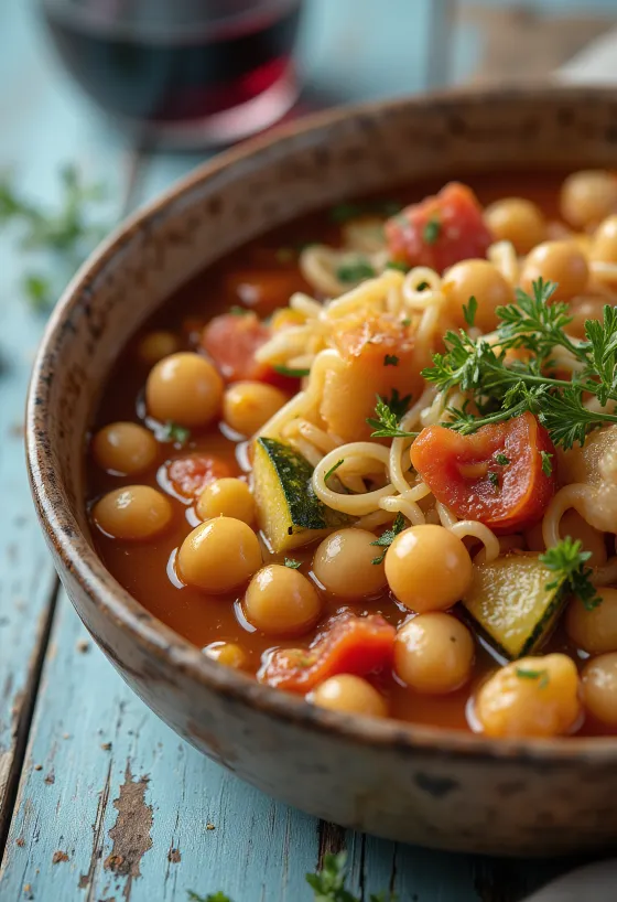 Minestrone mit Kichererbsen, viel Gemüse und Nudeln serviert