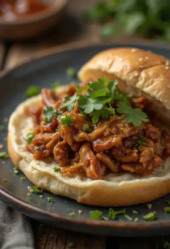 Pulled Duck, zartes Barbecue-Entenfleisch serviert mit frischem Koriander und Krautsalat