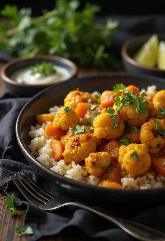 Servierter veganer Blumenkohl-Curry-Auflauf