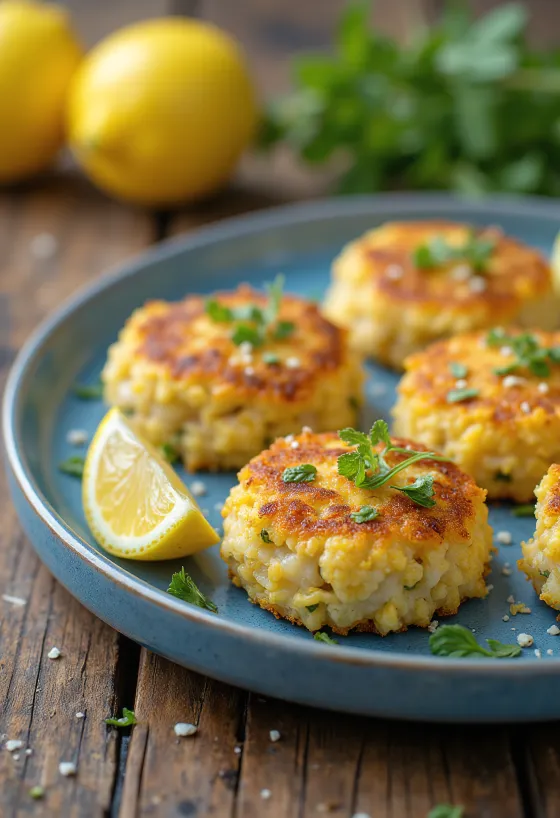 Fischfrikadellen mit Zitronenschale, serviert mit frischen Zitronenscheiben und Salat