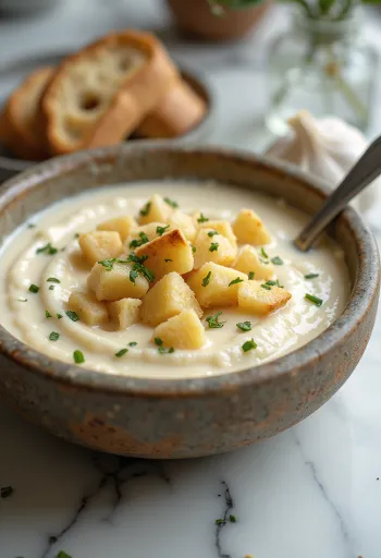 Cremige Knoblauchsuppe mit gerösteten Brotwürfeln und frischer Petersilie.
