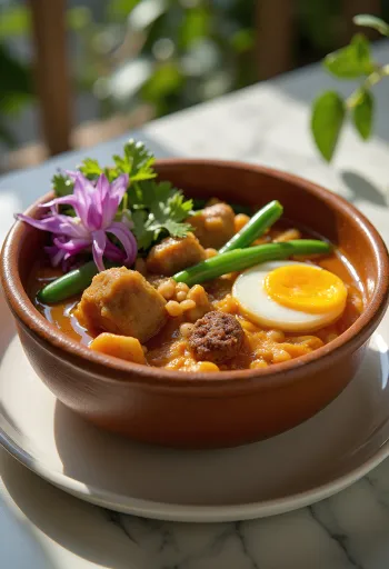 Kare-Kare mit Rindfleisch, serviert mit Pak Choi und Aubergine in reichhaltiger Erdnusssauce