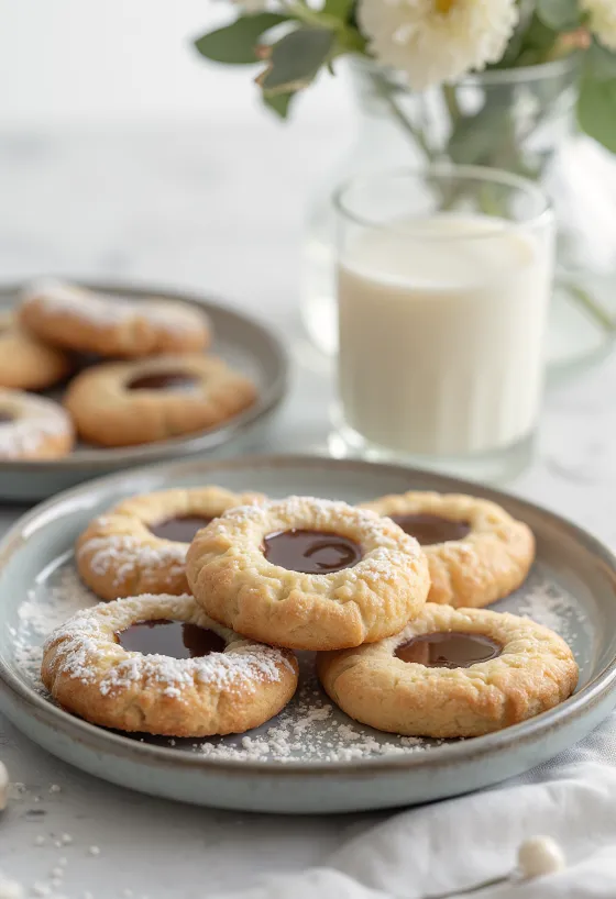 Linzer Plätzchen mit Nuss-Nougat-Creme und Puderzucker auf einem Teller