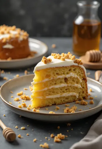 Russische Honigtorte mit geschichteter Creme und Teigbröseln dekoriert