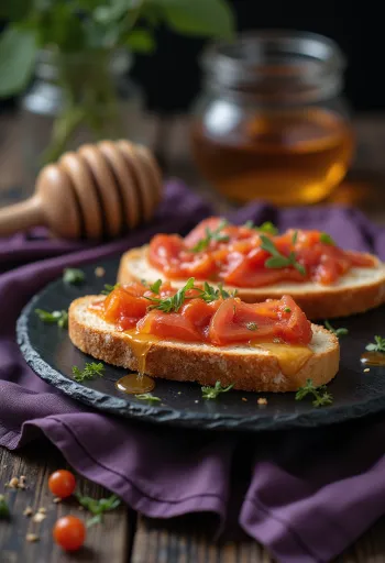 Pa amb tomàquet mit Sobrassada, frisch serviert mit Olivenöl und Basilikum
