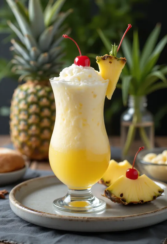 Piña Colada mit frischer Ananas und Cocktailkirsche garniert