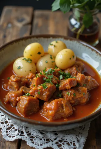 Pörkölt vom Schaf serviert mit frischem Brot und saurem Gemüse