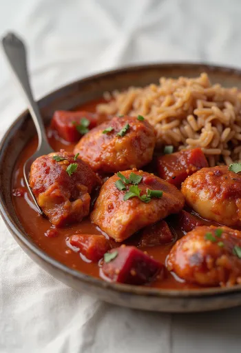 Hähnchengulasch mit Roter Bete und Lauch, in dicker Sauce serviert auf einem hellen Teller
