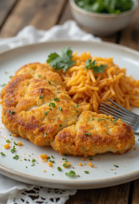 Schweineschnitzel mit Gewürzreis serviert