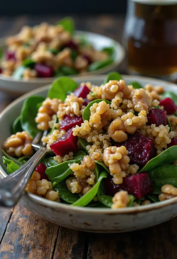 Quinoa-Spinat-Salat serviert mit Roter Bete und Walnüssen