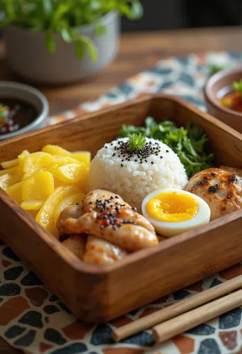 Bento-Box mit Takuan, serviert mit eingelegtem Ingwer