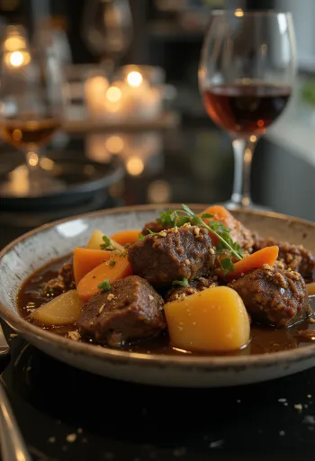 Serviertes Antilopen-Ragout mit Gemüse in einer rustikalen Schüssel.