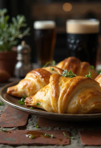 Cornish Pasty mit Bierfüllung, reiche Rindfleischfüllung, knusprig goldbraun