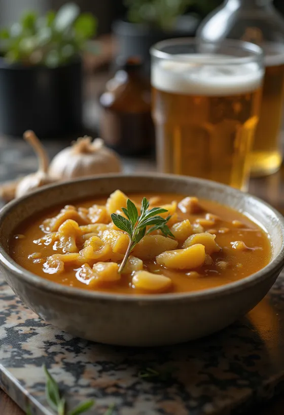 Dunkle Knoblauch-Rosmarin-Biersauce in einer Sauciere