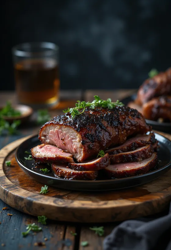 Geräucherte BBQ-Wildschweinkeule serviert