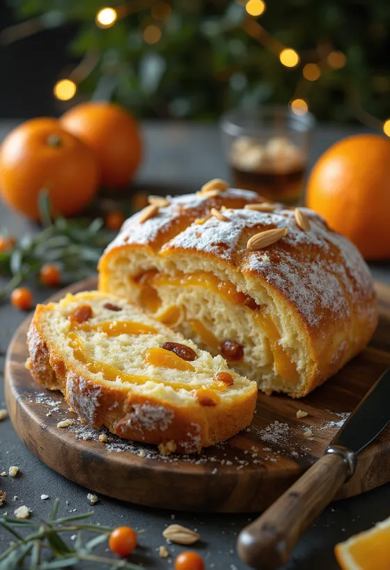 Christstollen mit kandierten Orangenschalen serviert