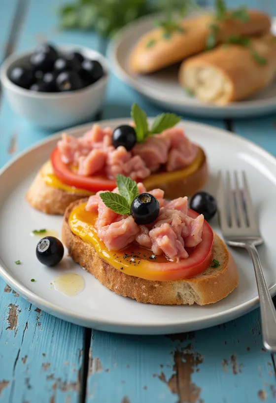 Baguettescheiben mit Tomate, Thunfischstücken und Oliven