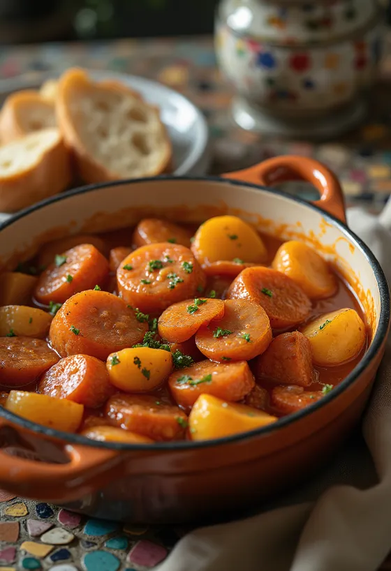 Kartoffelgulasch mit saftigen Kartoffelstücken, Wurstscheiben und frischer Petersilie bestreut