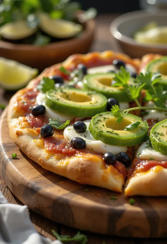 Pizza Mexicana mit Jalapeños, schwarzen Bohnen und Avocado