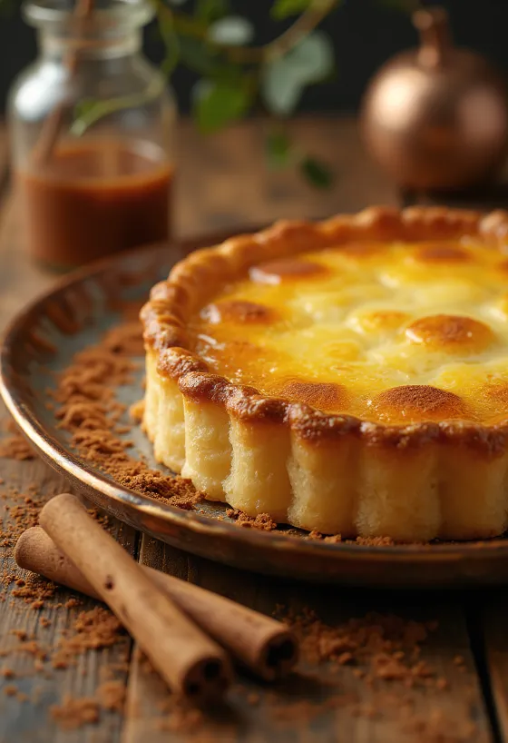 Portugiesische Pastel de Nata Torte mit goldbrauner Oberfläche und Vanillecremefüllung