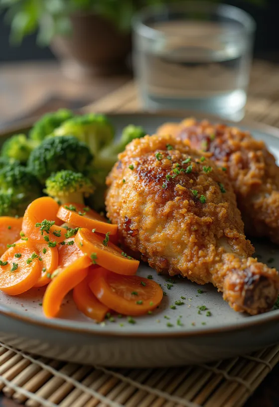 Panierte Entenkeule serviert mit Gemüse