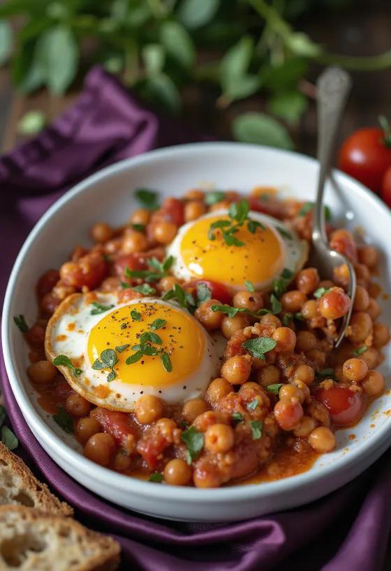 Servierter veganer Auberginen-Kichererbsen-Auflauf