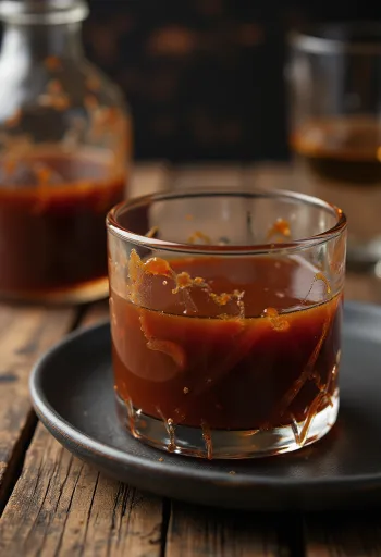 Bourbon-Whiskey-BBQ-Sauce in einer Schüssel, mit frischen Gewürzen und Grillfleisch im Hintergrund.