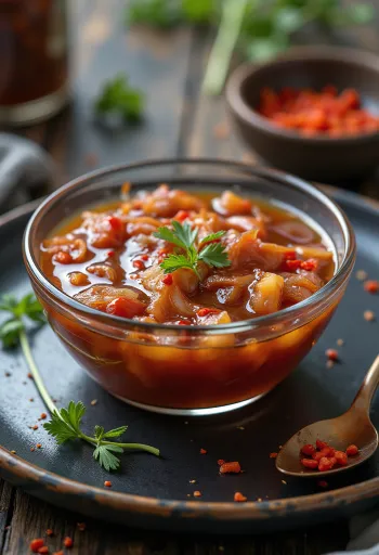 Servierte BBQ-Zwiebel-Chili-Marinade