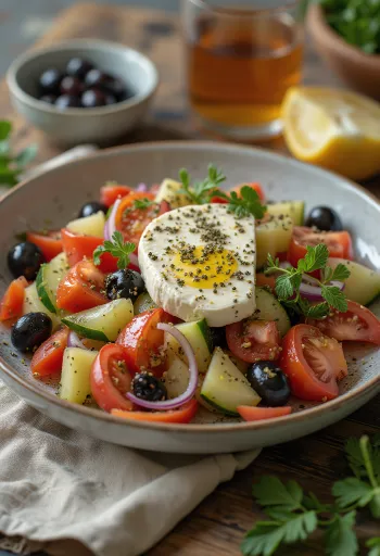Frischer griechischer Salat mit Feta, Oliven und saftigen Tomaten