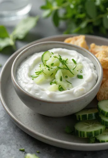 Joghurt-Gurken-Sauce serviert mit frischem Gemüse