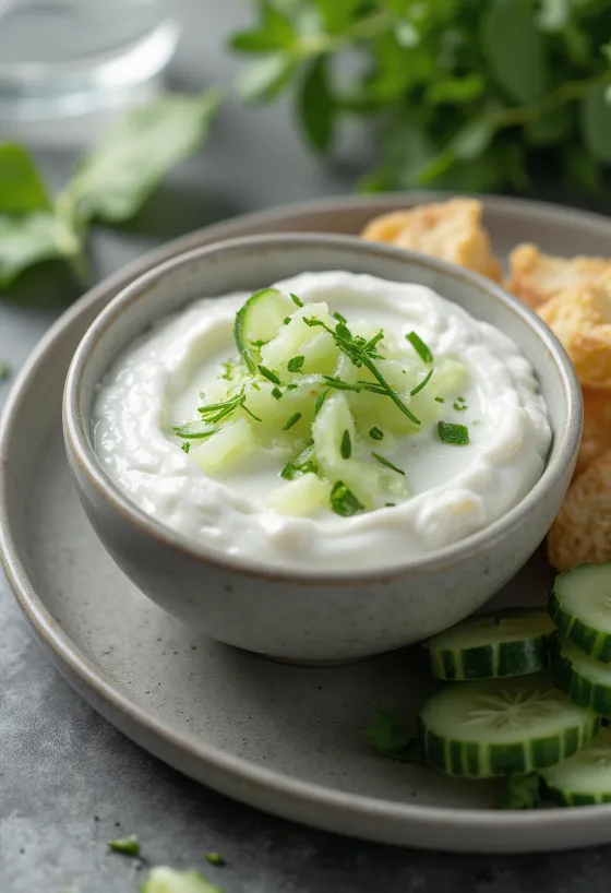 Joghurt-Gurken-Sauce serviert mit frischem Gemüse