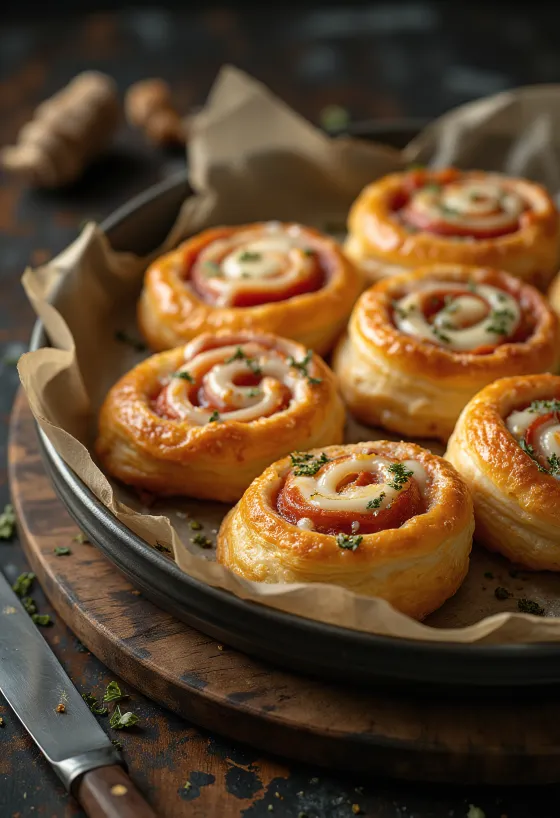 Frisch gebackene Pizzaschnecken gefüllt mit geschmolzenem Käse und Tomatensauce, serviert auf einem Teller.